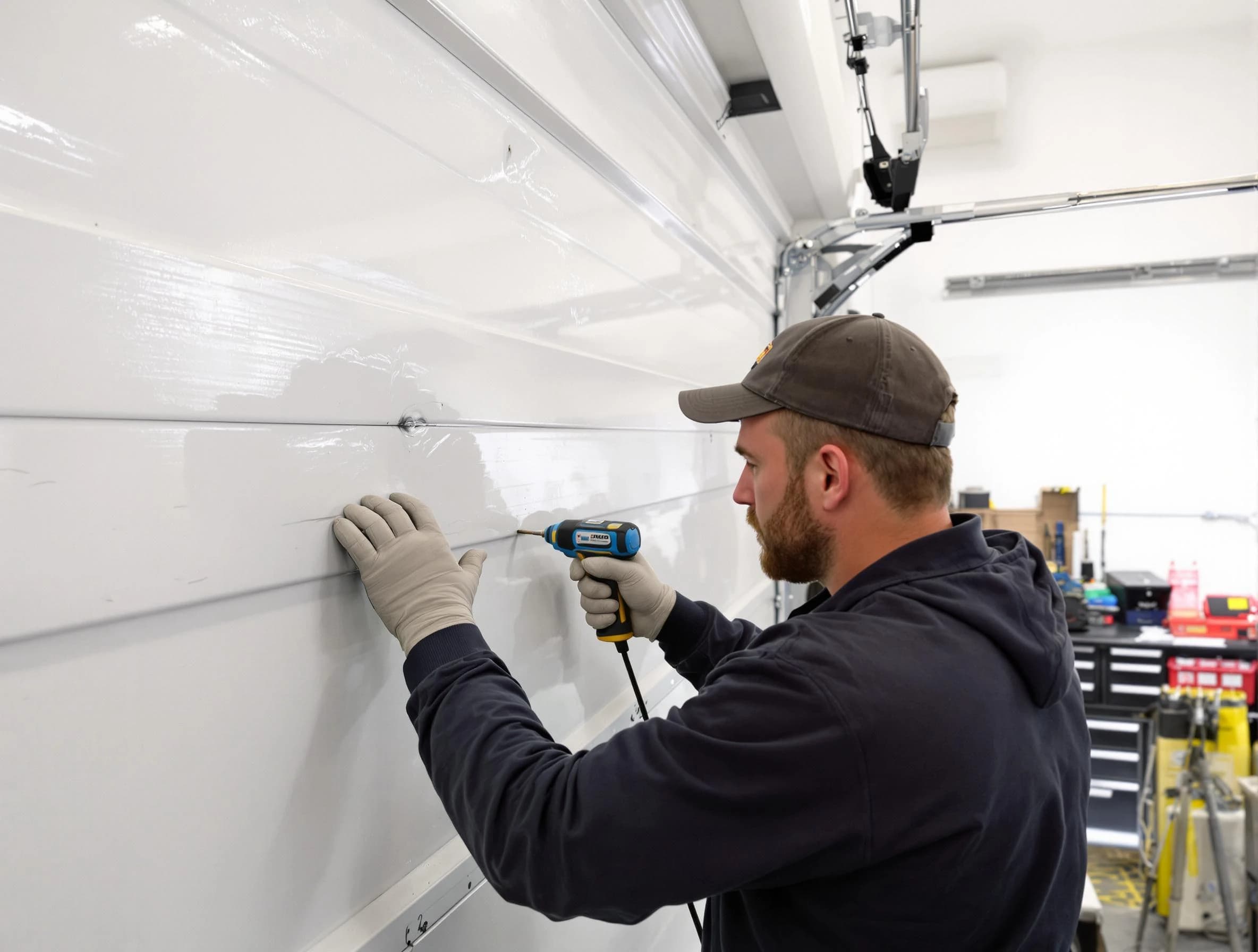 Lodi Garage Door Repair technician demonstrating precision dent removal techniques on a Lodi garage door